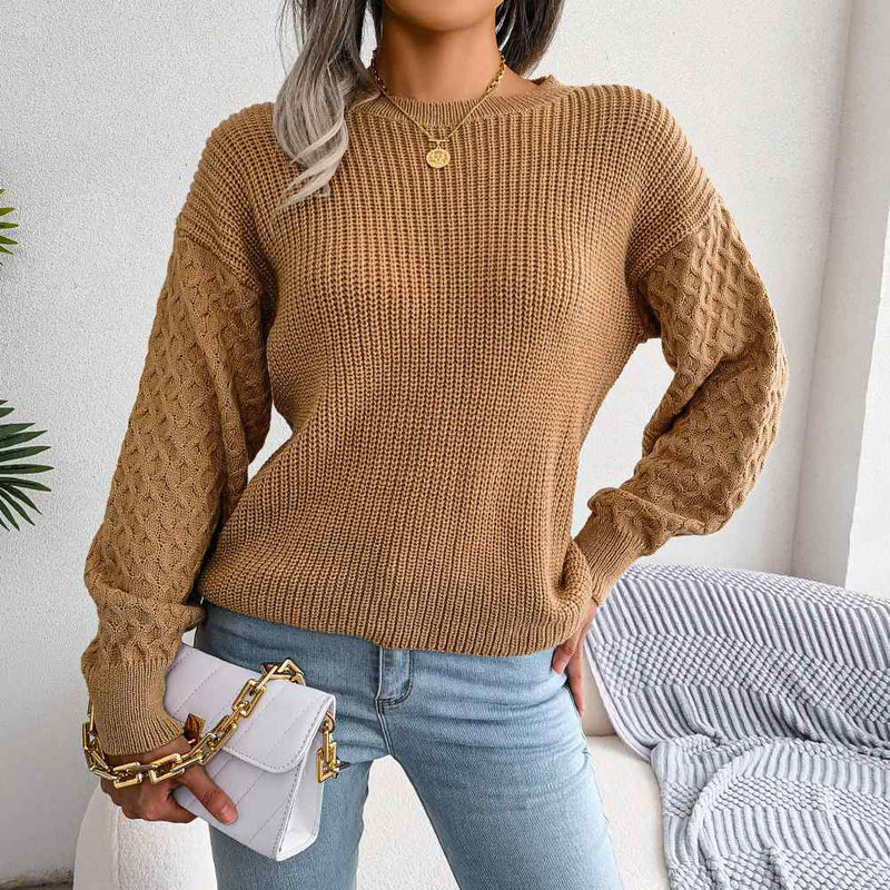 Crew Neck Lantern Sleeve Patchwork Pullover Sweater MEWOW DAILY