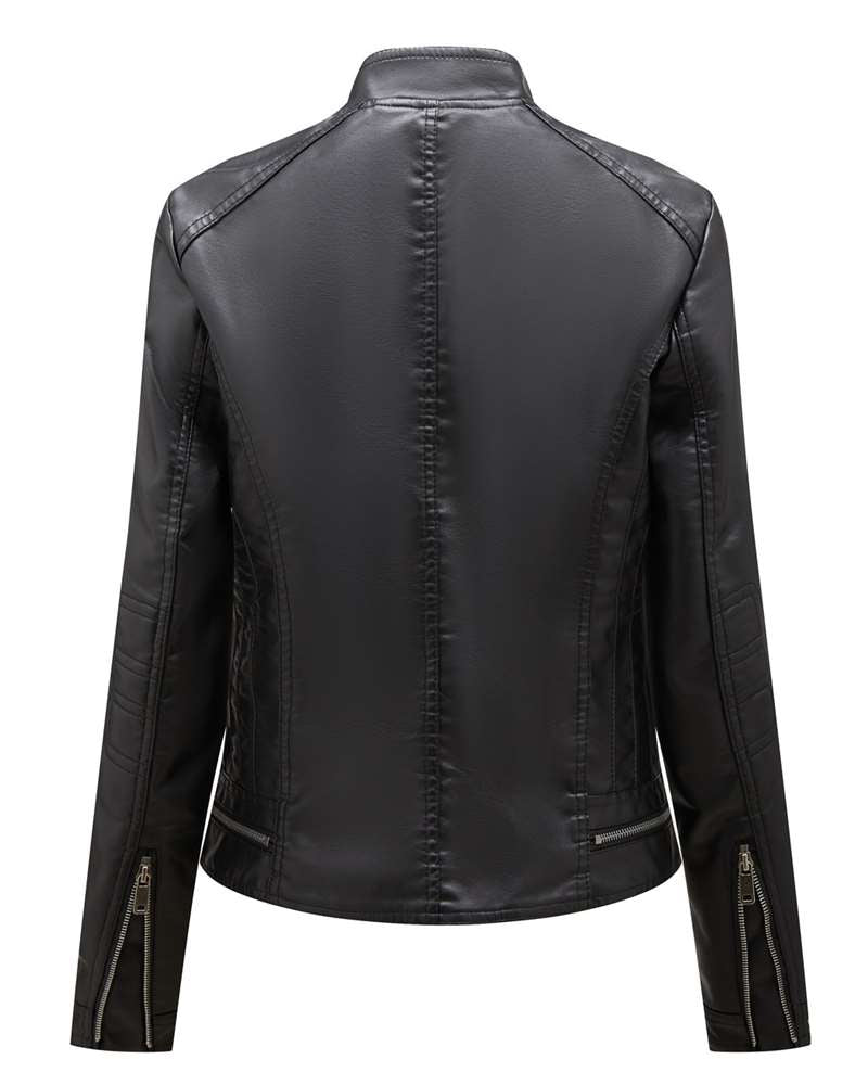 Slim Fit Stand Collar PU Leather Moto Jacket MEWOW DAILY