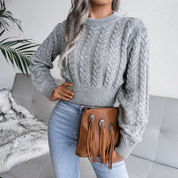 Crew Neck Pullover Slim Fitted Waist Cropped Cable Knit Sweater MEWOW DAILY