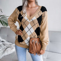 Casual V-neck Argyle Pattern Pullover Sweater MEWOW DAILY