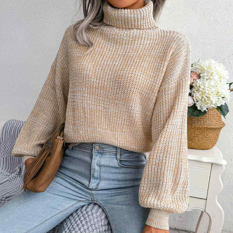 Turtle Neck Lantern Sleeve Cropped Pullover Sweater MEWOW DAILY