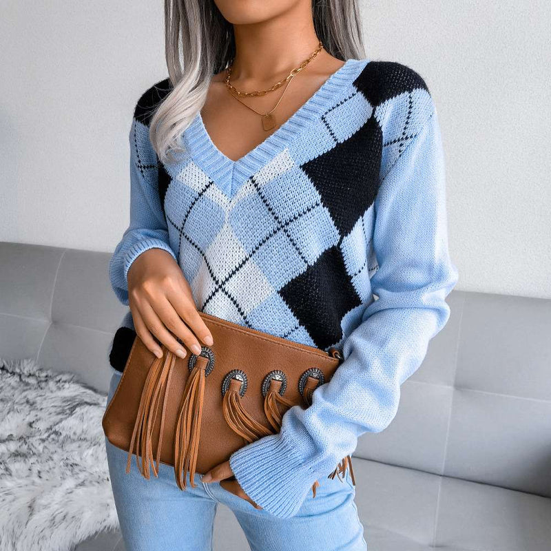 Casual V-neck Argyle Pattern Pullover Sweater MEWOW DAILY