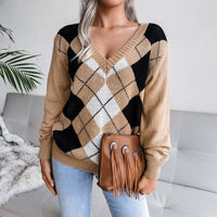 Casual V-neck Argyle Pattern Pullover Sweater MEWOW DAILY