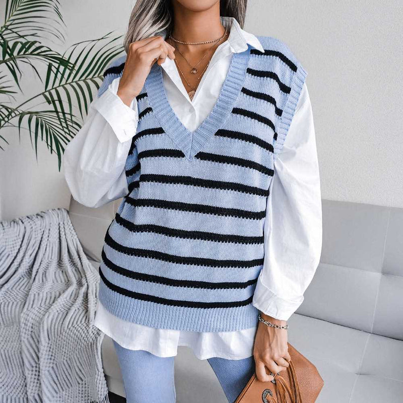 Casual V-neck Stripes Knit Sweater Vest MEWOW DAILY