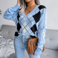 Casual V-neck Argyle Pattern Pullover Sweater MEWOW DAILY