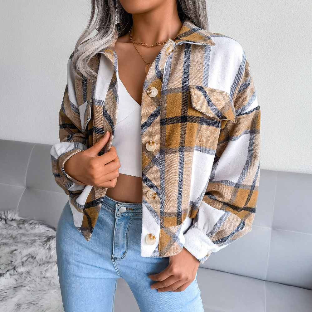 Front Buttons Drop Shoulder Long Sleeve Cropped Plaid Jacket MEWOW DAILY