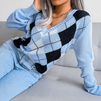 Casual V-neck Argyle Pattern Pullover Sweater MEWOW DAILY