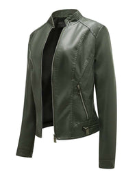 Slim Fit Stand Collar PU Leather Moto Jacket MEWOW DAILY