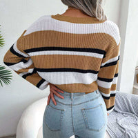 Color Block Stripes Crew Neck Pullover Cropped Sweater MEWOW DAILY