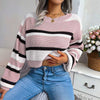 Color Block Stripes Crew Neck Pullover Cropped Sweater MEWOW DAILY