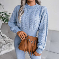 Crew Neck Pullover Slim Fitted Waist Cropped Cable Knit Sweater MEWOW DAILY