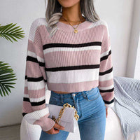 Color Block Stripes Crew Neck Pullover Cropped Sweater MEWOW DAILY