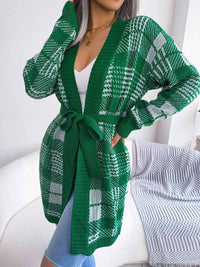 Open Front Mid Long Plaid Cardigan with Waist Strap MEWOW DAILY