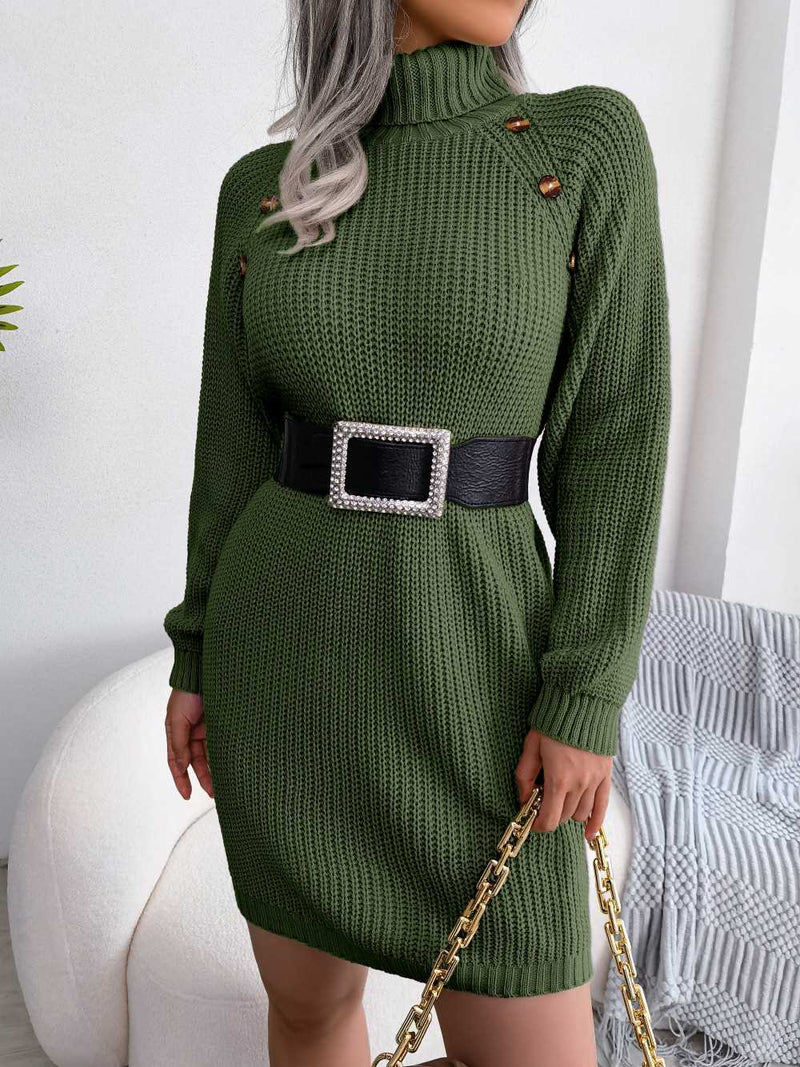 Turtle Neck Mid Thigh Buttons Decored Knit Dress MEWOW DAILY