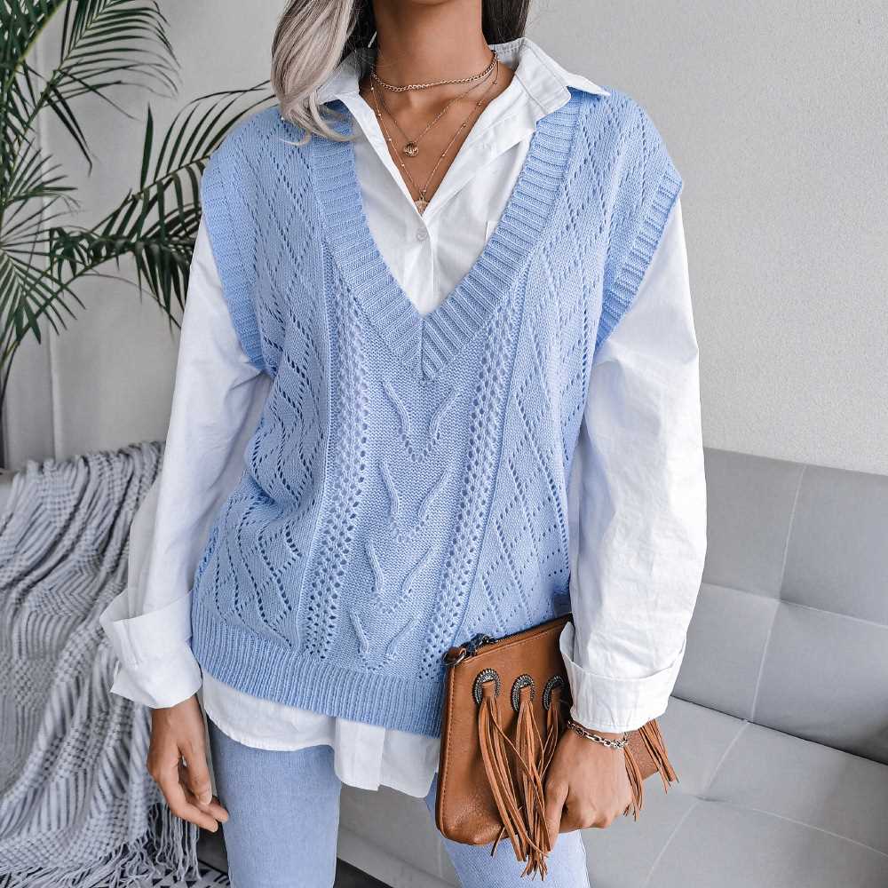 Loose Fit V-neck Hollow Out Knit Vest MEWOW DAILY