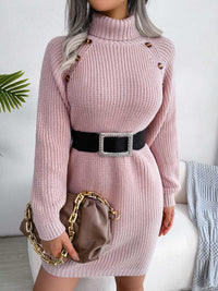 Turtle Neck Mid Thigh Buttons Decored Knit Dress MEWOW DAILY