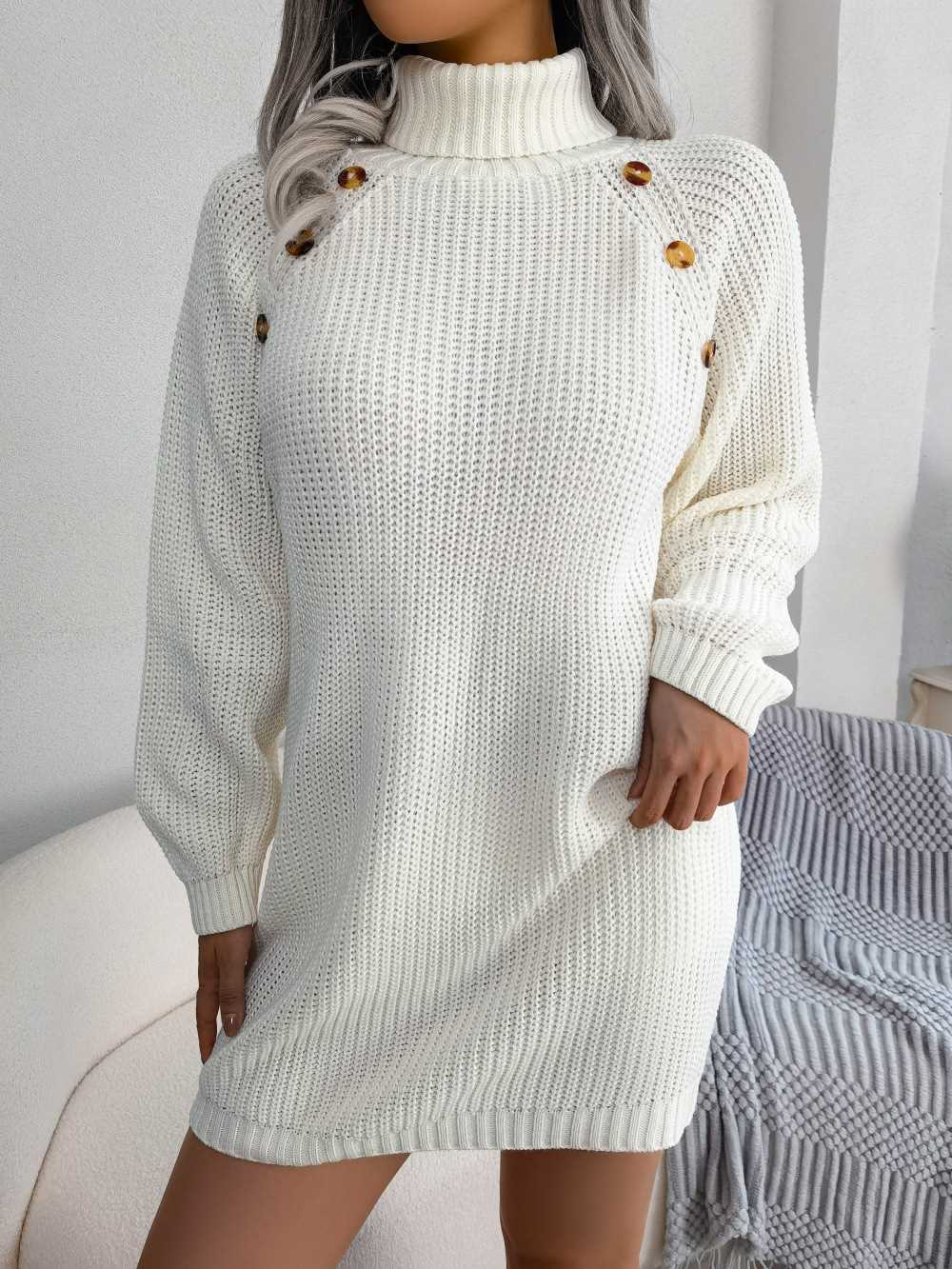 Turtle Neck Mid Thigh Buttons Decored Knit Dress MEWOW DAILY