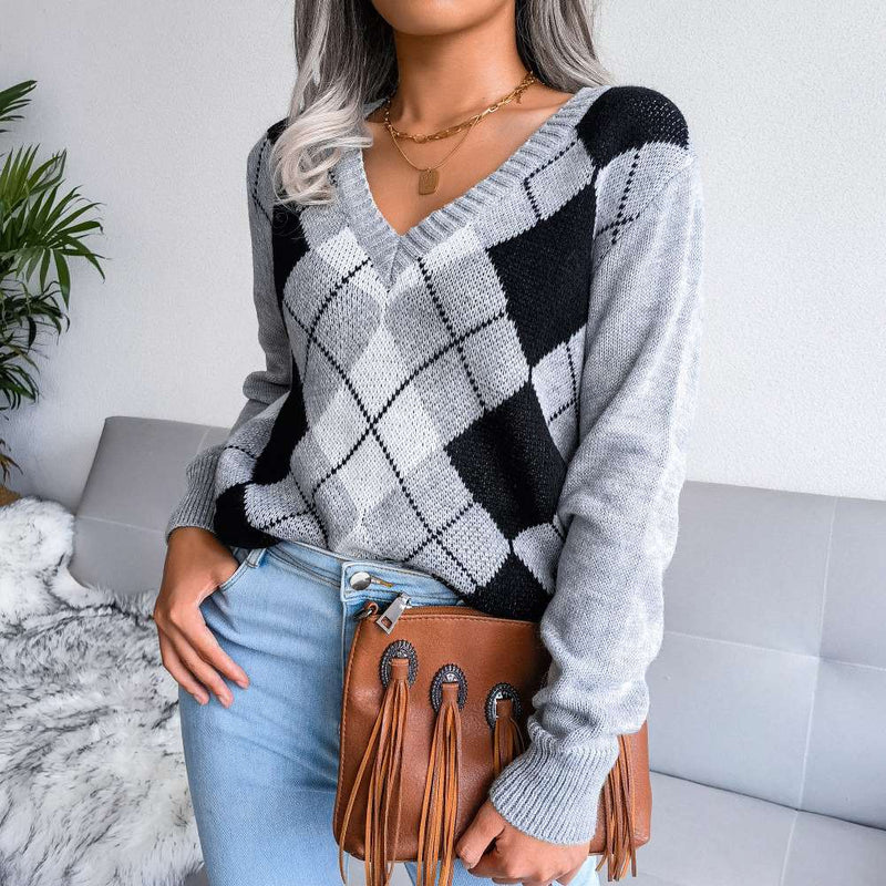 Casual V-neck Argyle Pattern Pullover Sweater MEWOW DAILY