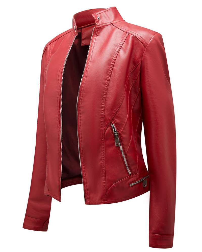 Slim Fit Stand Collar PU Leather Moto Jacket MEWOW DAILY