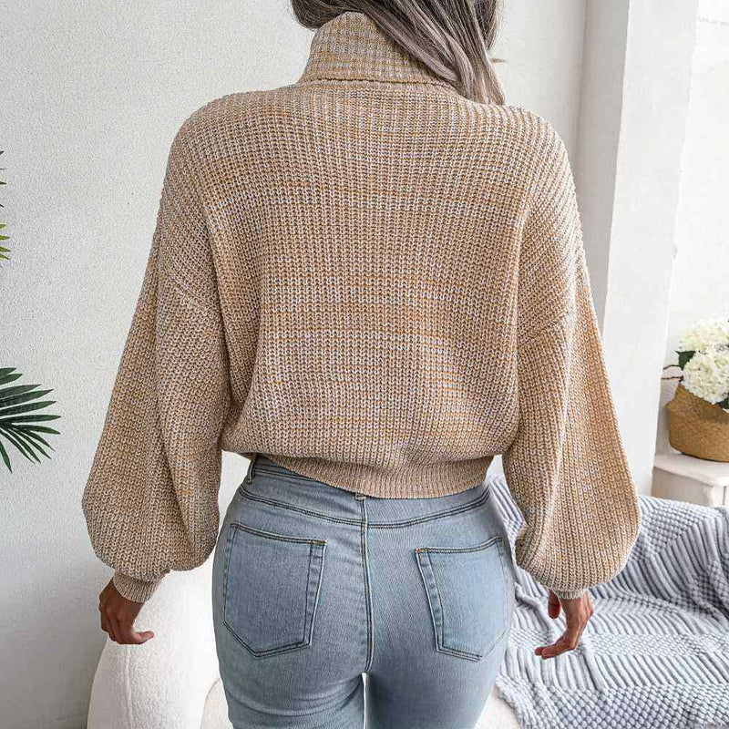 Turtle Neck Lantern Sleeve Cropped Pullover Sweater MEWOW DAILY