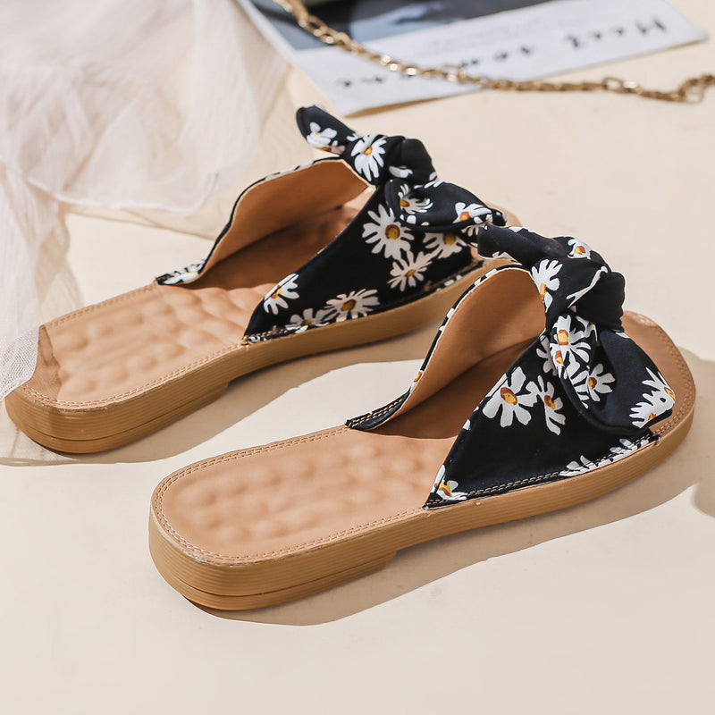 Fabric Bowtie One-band Flat Slippers (Daisy Flowers) MEWOW#OOTD