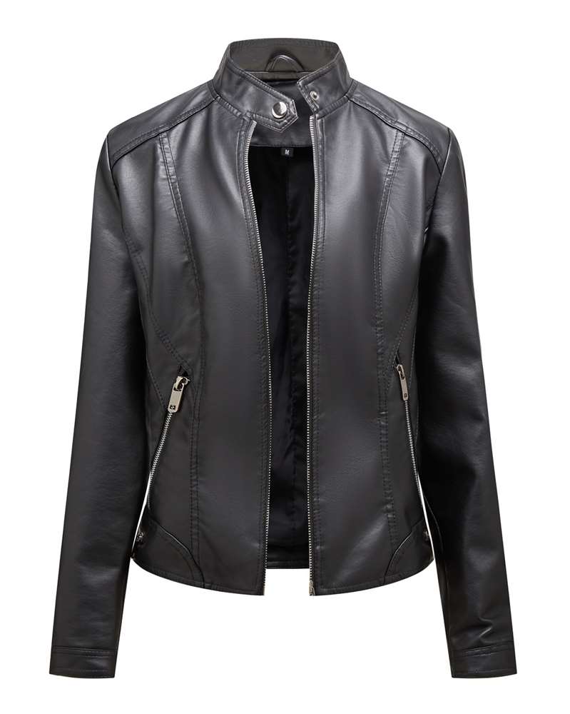 Slim Fit Stand Collar PU Leather Moto Jacket MEWOW DAILY