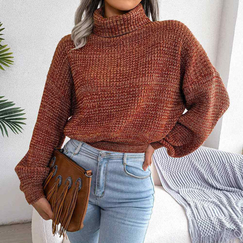 Turtle Neck Lantern Sleeve Cropped Pullover Sweater MEWOW DAILY