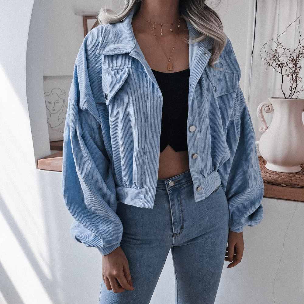 Lantern Sleeve Drop Shoulder Cropped Corduroy Jacket MEWOW DAILY