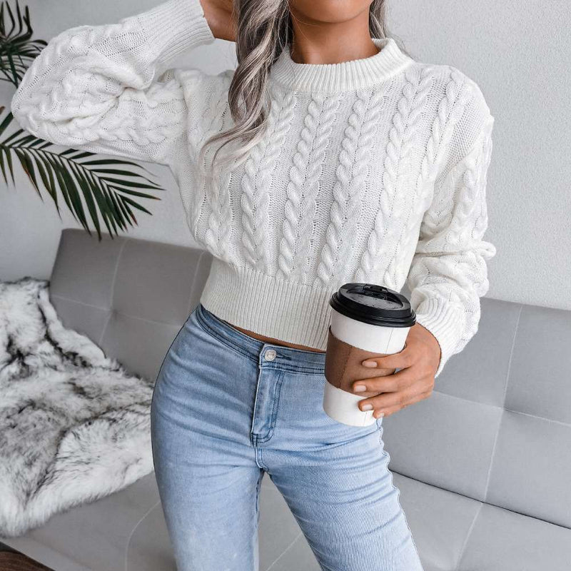 Crew Neck Pullover Slim Fitted Waist Cropped Cable Knit Sweater MEWOW DAILY