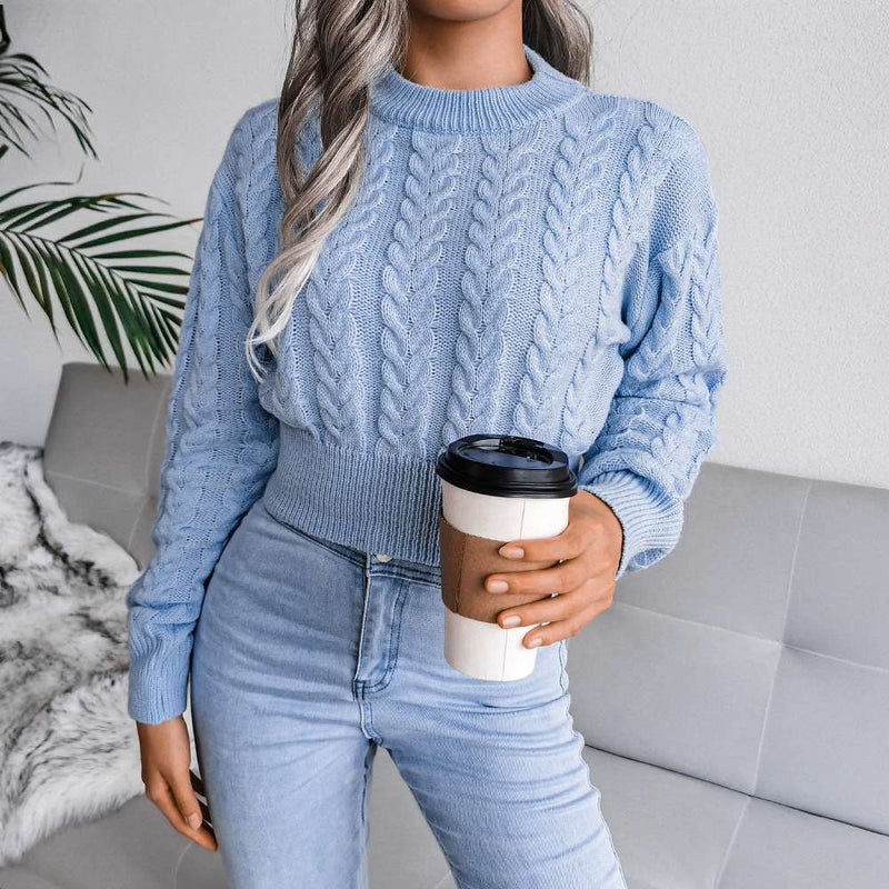 Crew Neck Pullover Slim Fitted Waist Cropped Cable Knit Sweater MEWOW DAILY