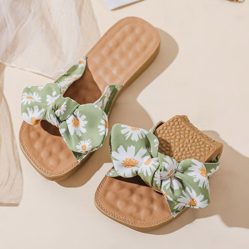 Fabric Bowtie One-band Flat Slippers (Daisy Flowers) MEWOW#OOTD