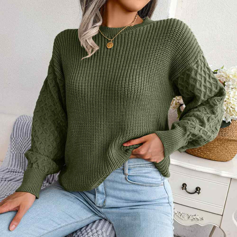 Crew Neck Lantern Sleeve Patchwork Pullover Sweater MEWOW DAILY