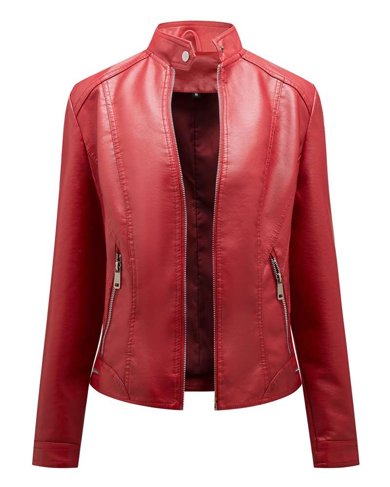 Slim Fit Stand Collar PU Leather Moto Jacket MEWOW DAILY