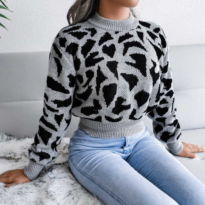 Leopard Pattern Crew Neck Cropped Pullover Sweater MEWOW DAILY