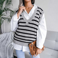 Casual V-neck Stripes Knit Sweater Vest MEWOW DAILY