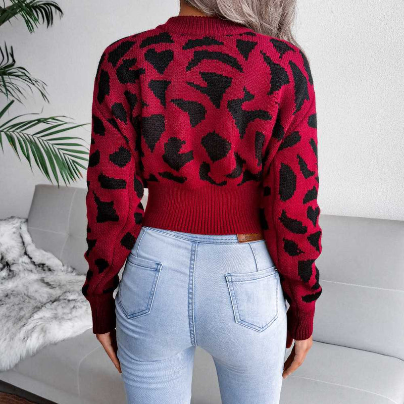 Leopard Pattern Crew Neck Cropped Pullover Sweater MEWOW DAILY