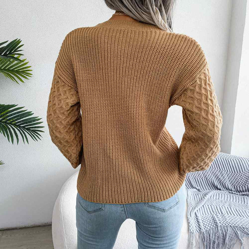 Crew Neck Lantern Sleeve Patchwork Pullover Sweater MEWOW DAILY