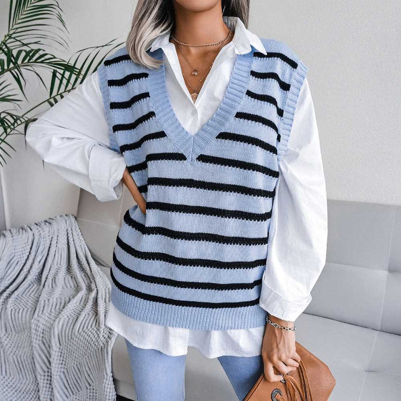 Casual V-neck Stripes Knit Sweater Vest MEWOW DAILY