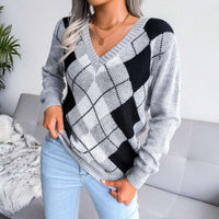 Casual V-neck Argyle Pattern Pullover Sweater MEWOW DAILY