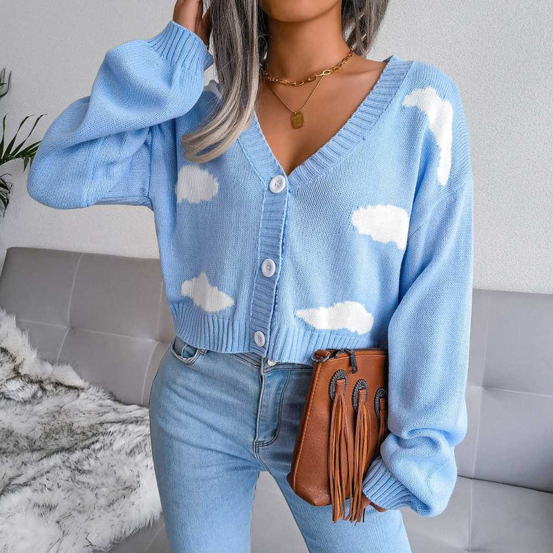 Cute Clouds Pattern Drop Shoulder Button Up Cardigan MEWOW DAILY