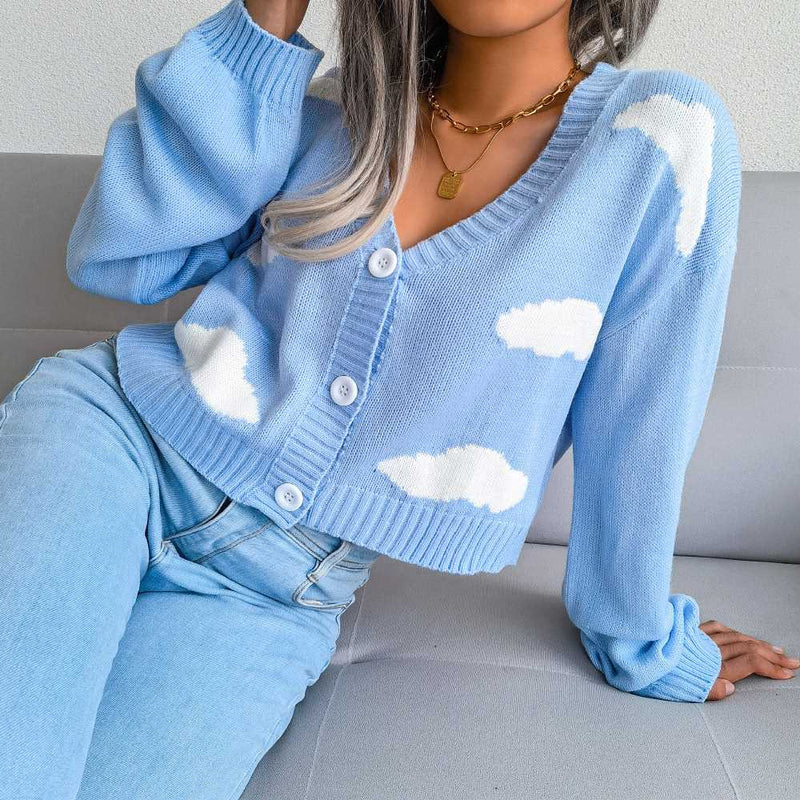 Cute Clouds Pattern Drop Shoulder Button Up Cardigan MEWOW DAILY