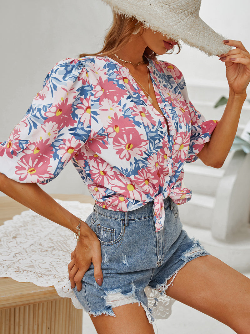 Mid Long Lantern Sleeve Blouse Flowers Printed Shirt MEWOW#OOTD