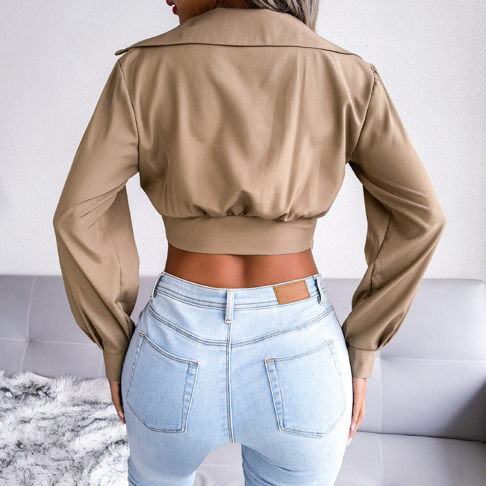 Front Knot Lapel Collar Crop Top Long Sleeve Solid Color Blouse MEWOW#OOTD