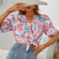 Mid Long Lantern Sleeve Blouse Flowers Printed Shirt MEWOW#OOTD