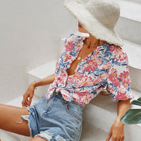 Mid Long Lantern Sleeve Blouse Flowers Printed Shirt MEWOW#OOTD