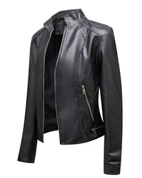 Slim Fit Stand Collar PU Leather Moto Jacket MEWOW DAILY