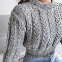 Crew Neck Pullover Slim Fitted Waist Cropped Cable Knit Sweater MEWOW DAILY