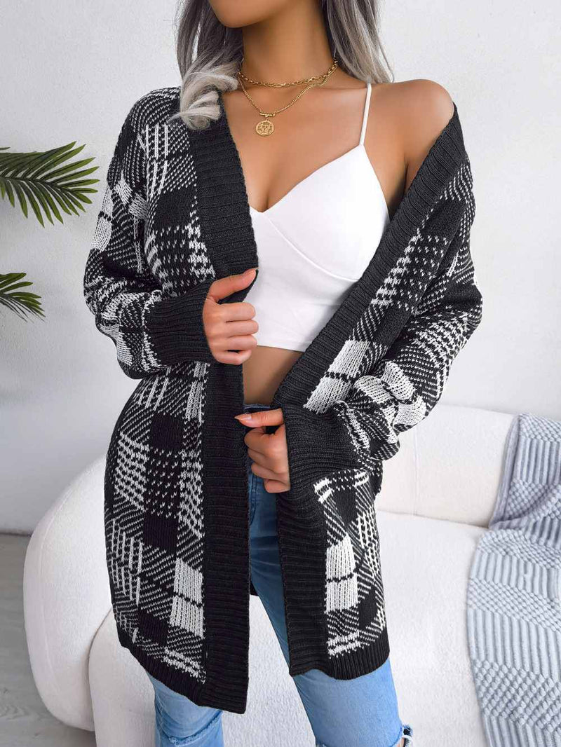 Open Front Mid Long Plaid Cardigan with Waist Strap MEWOW DAILY