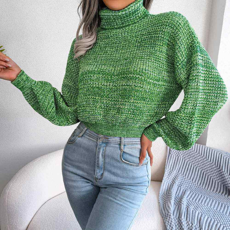 Turtle Neck Lantern Sleeve Cropped Pullover Sweater MEWOW DAILY