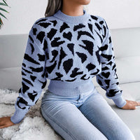 Leopard Pattern Crew Neck Cropped Pullover Sweater MEWOW DAILY